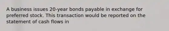 A business issues 20-year bonds payable in exchange for preferred stock. This transaction would be reported on the statement of cash flows in