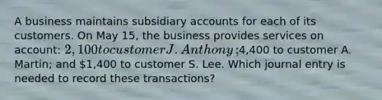 A business maintains subsidiary accounts for each of its customers. On May​ 15, the business provides services on​ account: 2,100 to customer J. Anthony​ ;4,400 to customer A.​ Martin; and 1,400 to customer S. Lee. Which journal entry is needed to record these​ transactions?