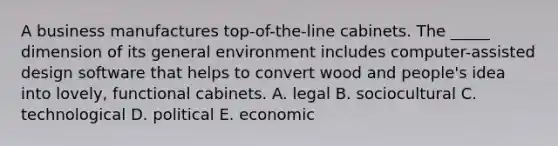 A business manufactures top-of-the-line cabinets. The _____ dimension of its general environment includes computer-assisted design software that helps to convert wood and people's idea into lovely, functional cabinets. A. legal B. sociocultural C. technological D. political E. economic