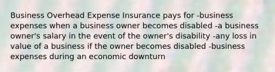 Business Overhead Expense Insurance pays for -business expenses when a business owner becomes disabled -a business owner's salary in the event of the owner's disability -any loss in value of a business if the owner becomes disabled -business expenses during an economic downturn