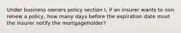 Under business owners policy section I, if an insurer wants to non renew a policy, how many days before the expiration date must the insurer notify the mortgageholder?