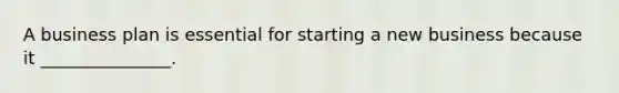 A business plan is essential for starting a new business because it _______________.