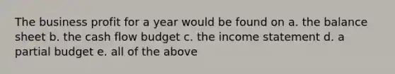 The business profit for a year would be found on a. the balance sheet b. the cash flow budget c. the <a href='https://www.questionai.com/knowledge/kCPMsnOwdm-income-statement' class='anchor-knowledge'>income statement</a> d. a partial budget e. all of the above