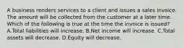 A business renders services to a client and issues a sales invoice. The amount will be collected from the customer at a later time. Which of the following is true at the time the invoice is​ issued? A.Total liabilities will increase. B.Net income will increase. C.Total assets will decrease. D.Equity will decrease.