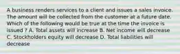 A business renders services to a client and issues a sales invoice. The amount will be collected from the customer at a future date. Which of the following would be true at the time the invoice is issued ? A. Total assets will increase B. Net income will decrease C. Stockholders equity will decrease D. Total liabilities will decrease