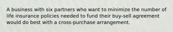 A business with six partners who want to minimize the number of life insurance policies needed to fund their buy-sell agreement would do best with a cross-purchase arrangement.