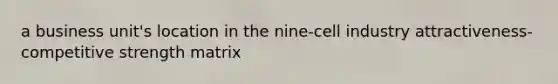 a business unit's location in the nine-cell industry attractiveness- competitive strength matrix