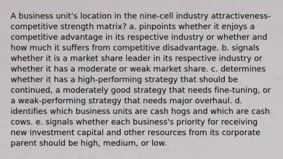 A business unit's location in the nine-cell industry attractiveness-competitive strength matrix? a. pinpoints whether it enjoys a competitive advantage in its respective industry or whether and how much it suffers from competitive disadvantage. b. signals whether it is a market share leader in its respective industry or whether it has a moderate or weak market share. c. determines whether it has a high-performing strategy that should be continued, a moderately good strategy that needs fine-tuning, or a weak-performing strategy that needs major overhaul. d. identifies which business units are cash hogs and which are cash cows. e. signals whether each business's priority for receiving new investment capital and other resources from its corporate parent should be high, medium, or low.