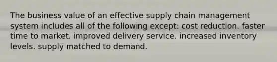 The business value of an effective supply chain management system includes all of the following except: cost reduction. faster time to market. improved delivery service. increased inventory levels. supply matched to demand.