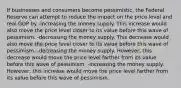 If businesses and consumers become pessimistic, the Federal Reserve can attempt to reduce the impact on the price level and real GDP by -increasing the money supply. This increase would also move the price level closer to its value before this wave of pessimism. -decreasing the money supply. This decrease would also move the price level closer to its value before this wave of pessimism. -decreasing the money supply. However, this decrease would move the price level farther from its value before this wave of pessimism. -increasing the money supply. However, this increase would move the price level farther from its value before this wave of pessimism.