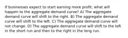 If businesses expect to start earning more profit, what will happen to the aggregate demand curve? A) The aggregate demand curve will shift to the right. B) The aggregate demand curve will shift to the left. C) The aggregate demand curve will not change. D) The aggregate demand curve will shift to the left in the short run and then to the right in the long run.