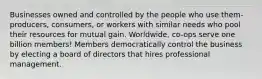 Businesses owned and controlled by the people who use them- producers, consumers, or workers with similar needs who pool their resources for mutual gain. Worldwide, co-ops serve one billion members! Members democratically control the business by electing a board of directors that hires professional management.