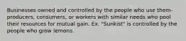 Businesses owned and controlled by the people who use them- producers, consumers, or workers with similar needs who pool their resources for mutual gain. Ex. "Sunkist" is controlled by the people who grow lemons.