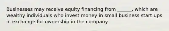 Businesses may receive equity financing from ______, which are wealthy individuals who invest money in small business start-ups in exchange for ownership in the company.