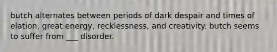 butch alternates between periods of dark despair and times of elation, great energy, recklessness, and creativity. butch seems to suffer from ___ disorder.