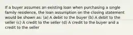 If a buyer assumes an existing loan when purchasing a single family residence, the loan assumption on the closing statement would be shown as: (a) A debit to the buyer (b) A debit to the seller (c) A credit to the seller (d) A credit to the buyer and a credit to the seller