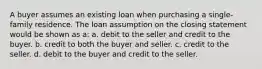 A buyer assumes an existing loan when purchasing a single-family residence. The loan assumption on the closing statement would be shown as a: a. debit to the seller and credit to the buyer. b. credit to both the buyer and seller. c. credit to the seller. d. debit to the buyer and credit to the seller.