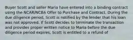 Buyer Scott and seller Maria have entered into a binding contract using the NCAR/NCBA Offer to Purchase and Contract. During the due diligence period, Scott is notified by the lender that his loan was not approved. If Scott decides to terminate the transaction and provides proper written notice to Maria before the due diligence period expires, Scott is entitled to a refund of