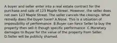 A buyer and seller enter into a real estate contract for the purchase and sale of 123 Maple Street. However, the seller does not own 123 Maple Street. The seller cancels the closings. What remedy does the buyer have? A.None. This is a situation of impossibility of performance. B.Buyer can force Seller to buy the property then sell it though specific performance. C.Monetary damages to Buyer for the value of the property from Seller. D.Seller will be publicly shamed.