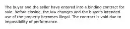 The buyer and the seller have entered into a binding contract for sale. Before closing, the law changes and the buyer's intended use of the property becomes illegal. The contract is void due to impossibility of performance.