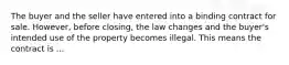 The buyer and the seller have entered into a binding contract for sale. However, before closing, the law changes and the buyer's intended use of the property becomes illegal. This means the contract is ...