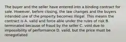 The buyer and the seller have entered into a binding contract for sale. However, before closing, the law changes and the buyers intended use of the property becomes illegal. This means the contract is A. valid and force able under the rules of risk B. terminated because of fraud by the seller C. void due to impossibility of performance D. valid, but the price must be renegotiated