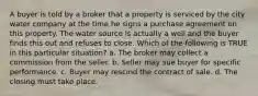 A buyer is told by a broker that a property is serviced by the city water company at the time he signs a purchase agreement on this property. The water source is actually a well and the buyer finds this out and refuses to close. Which of the following is TRUE in this particular situation? a. The broker may collect a commission from the seller. b. Seller may sue buyer for specific performance. c. Buyer may rescind the contract of sale. d. The closing must take place.