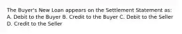 The Buyer's New Loan appears on the Settlement Statement as: A. Debit to the Buyer B. Credit to the Buyer C. Debit to the Seller D. Credit to the Seller