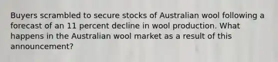 Buyers scrambled to secure stocks of Australian wool following a forecast of an 11 percent decline in wool production. What happens in the Australian wool market as a result of this announcement?