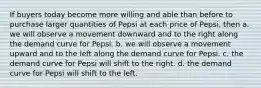 If buyers today become more willing and able than before to purchase larger quantities of Pepsi at each price of Pepsi, then a. we will observe a movement downward and to the right along the demand curve for Pepsi. b. we will observe a movement upward and to the left along the demand curve for Pepsi. c. the demand curve for Pepsi will shift to the right. d. the demand curve for Pepsi will shift to the left.