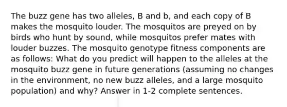 The buzz gene has two alleles, B and b, and each copy of B makes the mosquito louder. The mosquitos are preyed on by birds who hunt by sound, while mosquitos prefer mates with louder buzzes. The mosquito genotype fitness components are as follows: What do you predict will happen to the alleles at the mosquito buzz gene in future generations (assuming no changes in the environment, no new buzz alleles, and a large mosquito population) and why? Answer in 1-2 complete sentences.