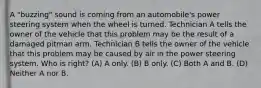 A "buzzing" sound is coming from an automobile's power steering system when the wheel is turned. Technician A tells the owner of the vehicle that this problem may be the result of a damaged pitman arm. Technician B tells the owner of the vehicle that this problem may be caused by air in the power steering system. Who is right? (A) A only. (B) B only. (C) Both A and B. (D) Neither A nor B.