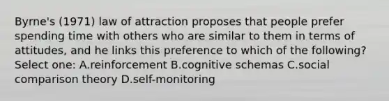 Byrne's (1971) law of attraction proposes that people prefer spending time with others who are similar to them in terms of attitudes, and he links this preference to which of the following? Select one: A.reinforcement B.cognitive schemas C.social comparison theory D.self-monitoring