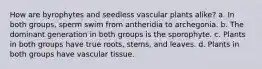 How are byrophytes and seedless vascular plants alike? a. In both groups, sperm swim from antheridia to archegonia. b. The dominant generation in both groups is the sporophyte. c. Plants in both groups have true roots, stems, and leaves. d. Plants in both groups have vascular tissue.