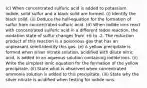 (c) When concentrated sulfuric acid is added to potassium iodide, solid sulfur and a black solid are formed. (i) Identify the black solid. (ii) Deduce the half-equation for the formation of sulfur from concentrated sulfuric acid. (d) When iodide ions react with concentrated sulfuric acid in a different redox reaction, the oxidation state of sulfur changes from +6 to -2. The reduction product of this reaction is a poisonous gas that has an unpleasant smell.Identify this gas. (e) A yellow precipitate is formed when silver nitrate solution, acidified with dilute nitric acid, is added to an aqueous solution containing iodide ions. (ii) Write the simplest ionic equation for the formation of the yellow precipitate. (ii) State what is observed when concentrated ammonia solution is added to this precipitate. (iii) State why the silver nitrate is acidified when testing for iodide ions.