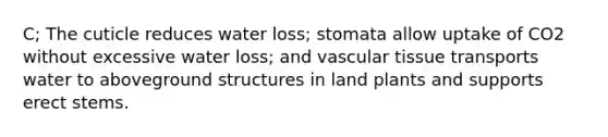 C; The cuticle reduces water loss; stomata allow uptake of CO2 without excessive water loss; and vascular tissue transports water to aboveground structures in land plants and supports erect stems.