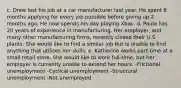 c. Drew lost his job at a car manufacturer last year. He spent 6 months applying for every job possible before giving up 2 months ago. He now spends his day playing Xbox. d. Paula has 20 years of experience in manufacturing. Her employer, and many other manufacturing firms, recently closed their U.S. plants. She would like to find a similar job but is unable to find anything that utilizes her skills. e. Katherine works part-time at a small retail store. She would like to work full-time, but her employer is currently unable to extend her hours. -Frictional unemployment -Cyclical unemployment -Structural unemployment -Not unemployed