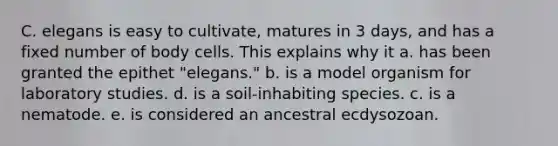 C. elegans is easy to cultivate, matures in 3 days, and has a fixed number of body cells. This explains why it a. has been granted the epithet "elegans." b. is a model organism for laboratory studies. d. is a soil-inhabiting species. c. is a nematode. e. is considered an ancestral ecdysozoan.