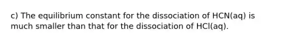 c) The equilibrium constant for the dissociation of HCN(aq) is much smaller than that for the dissociation of HCl(aq).