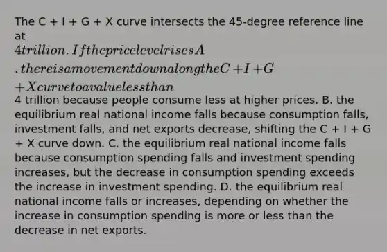 The C​ + I​ + G​ + X curve intersects the​ 45-degree reference line at​ 4 trillion. If the price level rises A. there is a movement down along the C​ + I​ + G​ + X curve to a value less than​4 trillion because people consume less at higher prices. B. the equilibrium real national income falls because consumption falls​, investment falls​, and net exports decrease​, shifting the C​ + I​ + G​ + X curve down. C. the equilibrium real national income falls because consumption spending falls and investment spending increase​s, but the decrease in consumption spending exceeds the increase in investment spending. D. the equilibrium real national income falls or increases, depending on whether the increase in consumption spending is more or less than the decrease in net exports.