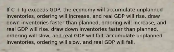 If C + Ig exceeds GDP, the economy will accumulate unplanned inventories, ordering will increase, and real GDP will rise. draw down inventories faster than planned, ordering will increase, and real GDP will rise. draw down inventories faster than planned, ordering will slow, and real GDP will fall. accumulate unplanned inventories, ordering will slow, and real GDP will fall.