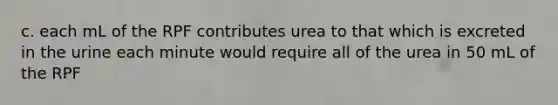 c. each mL of the RPF contributes urea to that which is excreted in the urine each minute would require all of the urea in 50 mL of the RPF