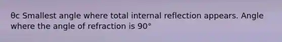 θc Smallest angle where total internal reflection appears. Angle where the angle of refraction is 90°