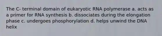 The C- terminal domain of eukaryotic RNA polymerase a. acts as a primer for RNA synthesis b. dissociates during the elongation phase c. undergoes phosphorylation d. helps unwind the DNA helix