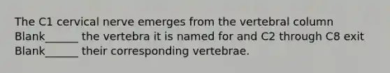 The C1 cervical nerve emerges from the vertebral column Blank______ the vertebra it is named for and C2 through C8 exit Blank______ their corresponding vertebrae.