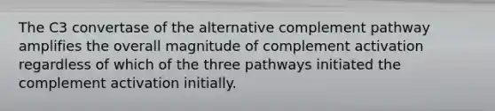 The C3 convertase of the alternative complement pathway amplifies the overall magnitude of complement activation regardless of which of the three pathways initiated the complement activation initially.