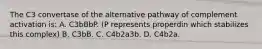 The C3 convertase of the alternative pathway of complement activation is: A. C3bBbP. (P represents properdin which stabilizes this complex) B. C3bB. C. C4b2a3b. D. C4b2a.