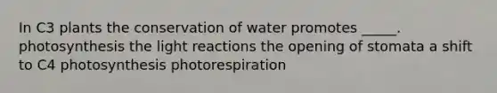 In C3 plants the conservation of water promotes _____. photosynthesis the light reactions the opening of stomata a shift to C4 photosynthesis photorespiration