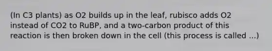 (In C3 plants) as O2 builds up in the leaf, rubisco adds O2 instead of CO2 to RuBP, and a two-carbon product of this reaction is then broken down in the cell (this process is called ...)