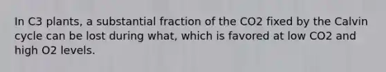 In C3 plants, a substantial fraction of the CO2 fixed by the Calvin cycle can be lost during what, which is favored at low CO2 and high O2 levels.